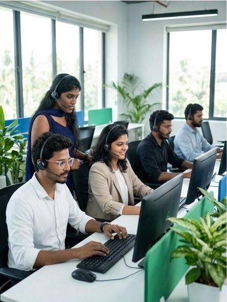 A telecalling team working at desks with headsets